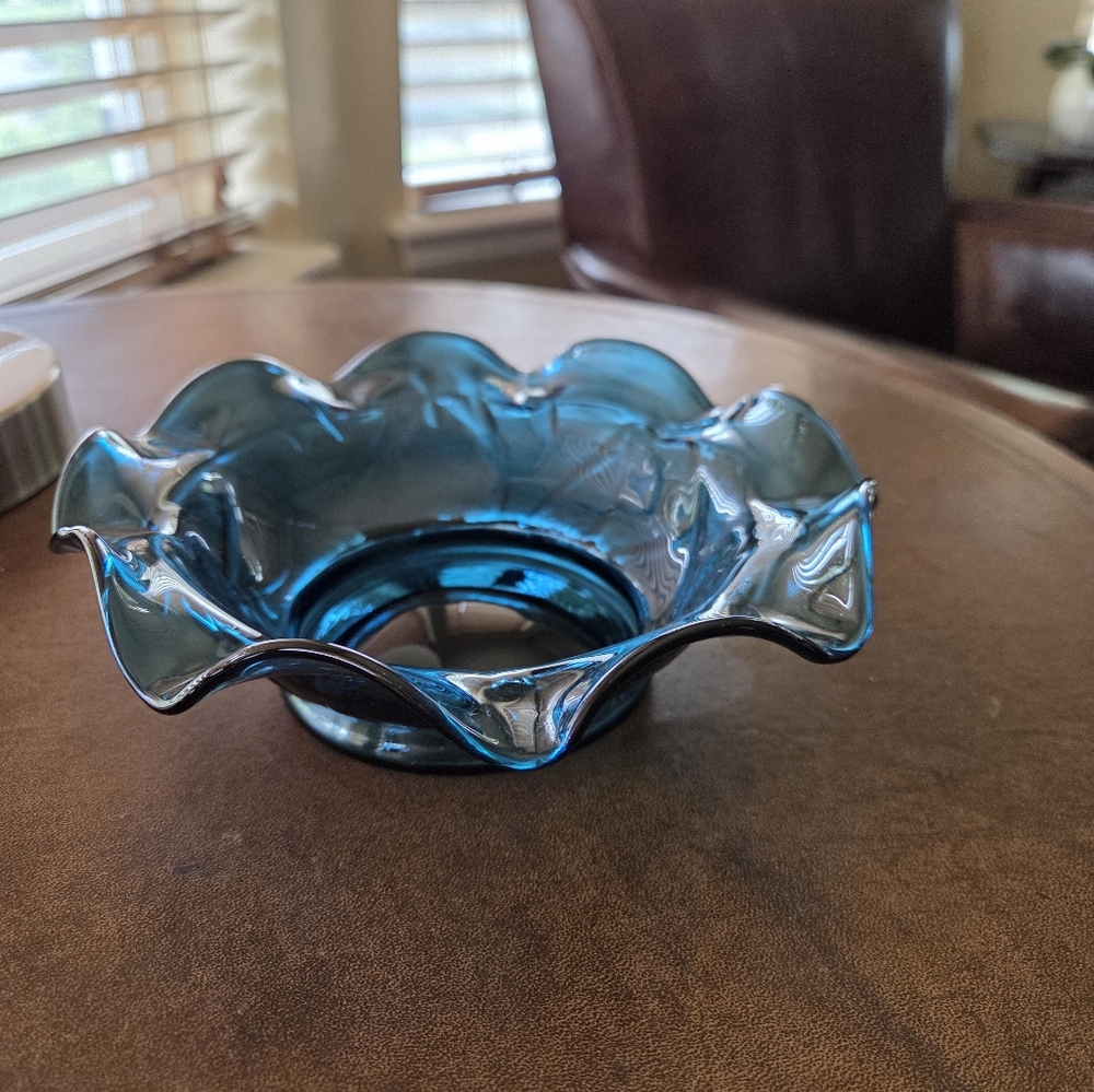Mid Century Blue Art Glass Ruffled Bowl Not Sure If Its Viking, Blenko Or?